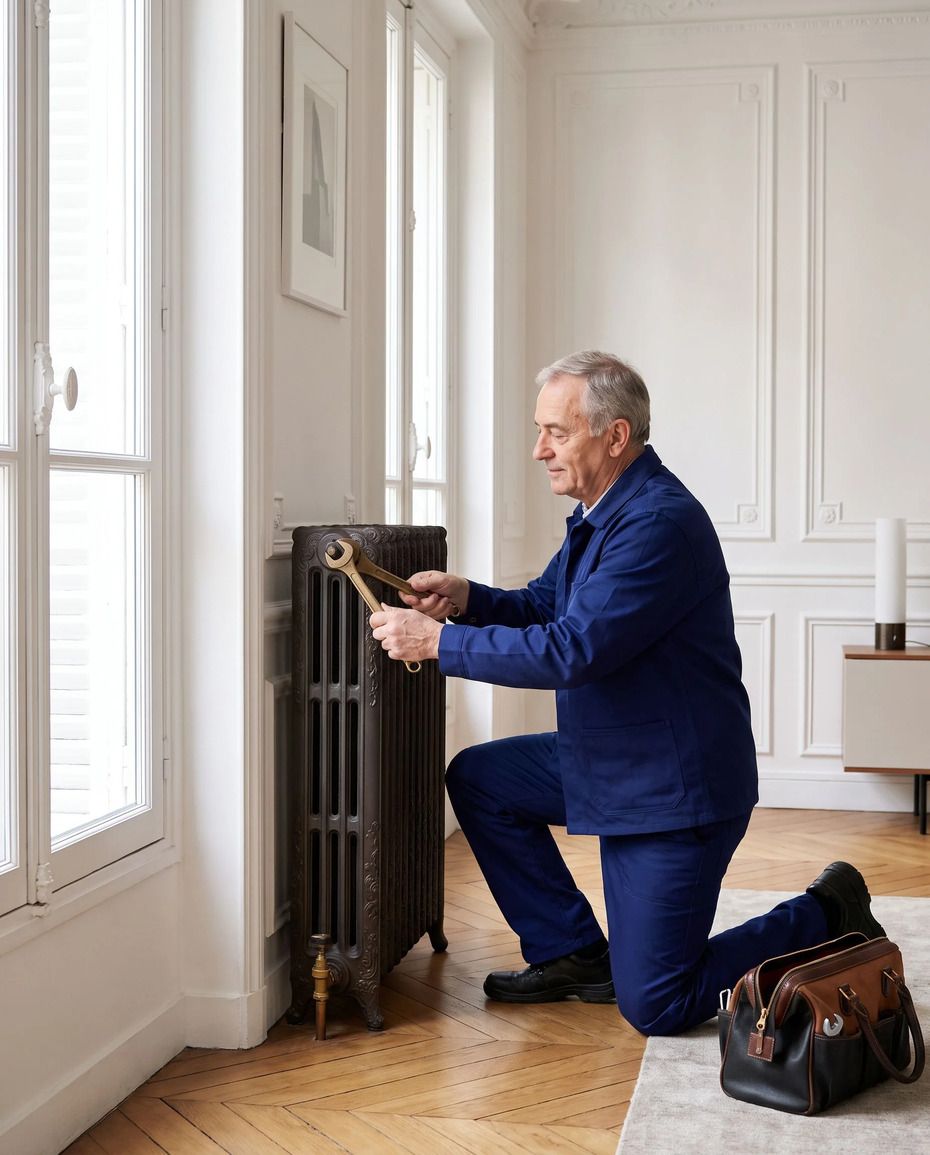 Artisan chauffagiste intervenant sur un radiateur