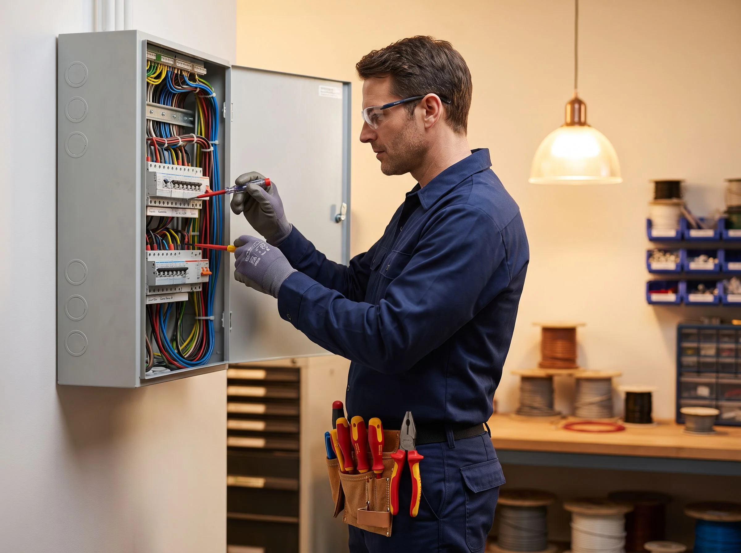 Électricien travaillant sur un tableau électrique