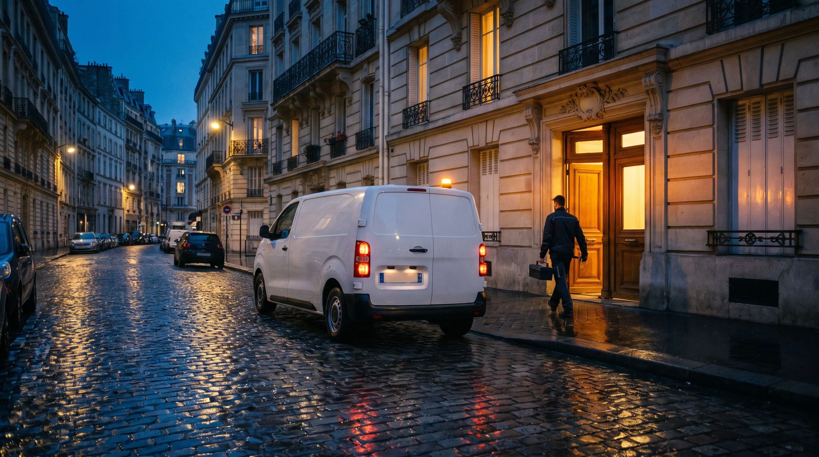 Véhicule d'intervention dans une rue parisienne de nuit